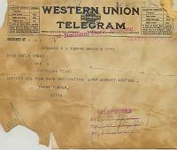  This is a 1919 telegram from Perry Turner to his then girlfriend, Bulah Speed.
